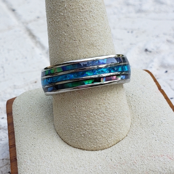 NEW Mens Tungsten Carbide inlaid Shells Blue Opal Statement Ring Gifts Unisex - Picture 15 of 16